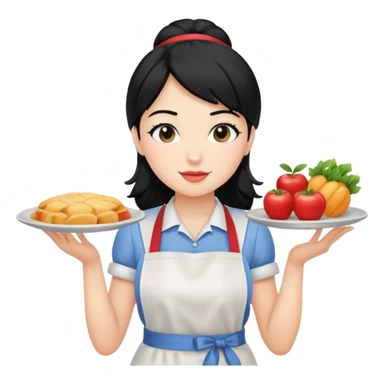 waitress with black hair and a food plate sticker