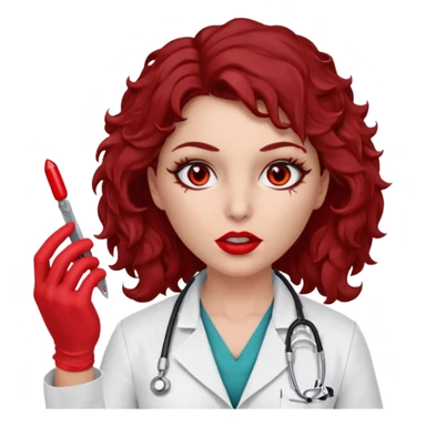 Lilith scalpel in hand, evil surgeon sexy surgeon clothes.  She has red eyes. Dark brown curly hair. Wears sexy doctor outfit with red gloves.covers her mouth necknose with red bandana to hide  her identity. Hair is long and brown hair is free but must cover her face sticker