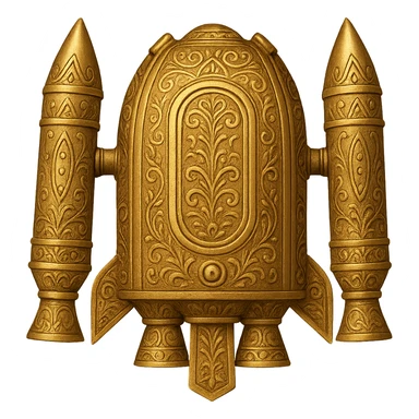 Create a gold ancient wide jetpack with rocket projectiles on both sides, back view, no fire, with engraved patterns in the style of apple emojis. Make it a variant with different engraved details and slightly different rocket shapes. No background. sticker