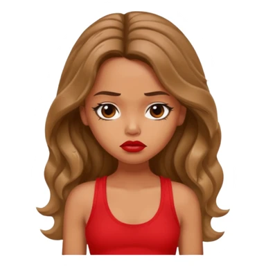 generate a pretty tan bratz girl with brown wavy hair long wearing a red tank top, red lipstick. Looking sad sticker