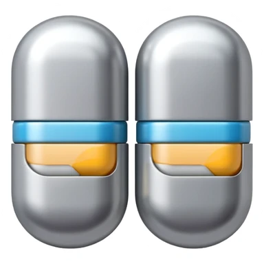capsule pill emoji, metallic silver halves, smooth glossy finish, futuristic pharmaceutical 3D icon, isolated on white sticker