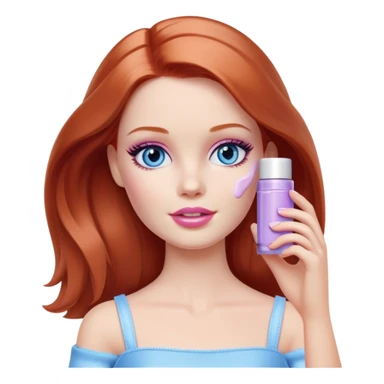 Barbie girl Chestnut-red Shoulder-length hair and blue eyes is In pale purple smears by hand cosmetic cream on her face sticker