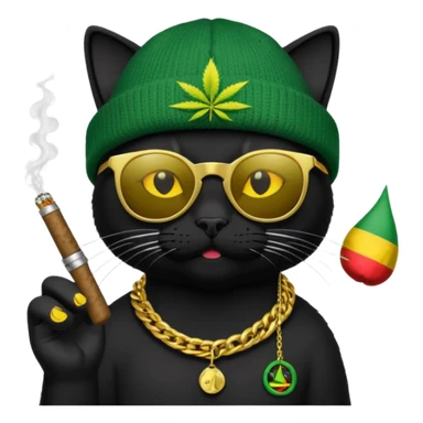 A black cat wearing the deal with it shades and a rasta beanie and smoking a joint and wearing a gold chain that says 420 sticker