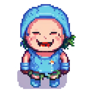 a character who is broken but laughing, pixel art style sticker
