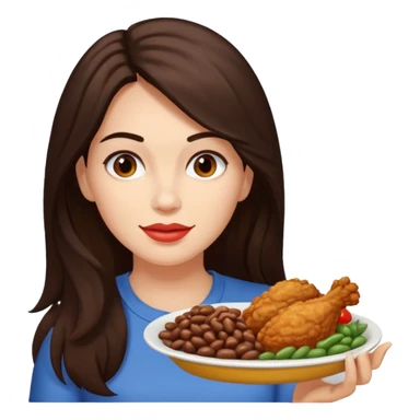 Mujer de pelo cafe oscuro y largo, y tez blanca comiendo pollo frito con frijoles sticker