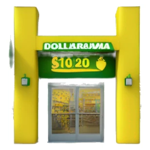“Exterior of a Dollarama store with the bright green facade, bold yellow Dollarama sign, large front windows, and entrance doors, capturing the look of a budget-friendly retail store.” sticker