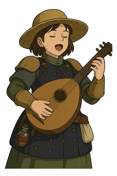 A female bard wearing brigandine armor with a sturdy straw hat, playing a fat lute and singing, night time shadows  , tool belt with red potion and bandages  sticker
