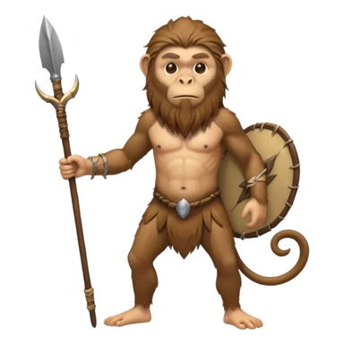 fullbody monkey Neanderthal with human face, long hair, long beard, holding a spear sticker