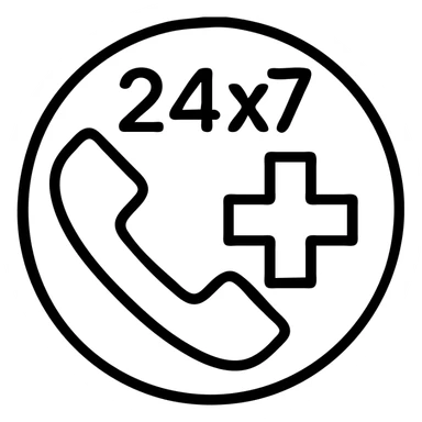 Minimalist icon for 24x7 Emergency Support in black outlined style with the same color code and format as the reference images. Place an emergency cross or phone symbol inside the circle. sticker