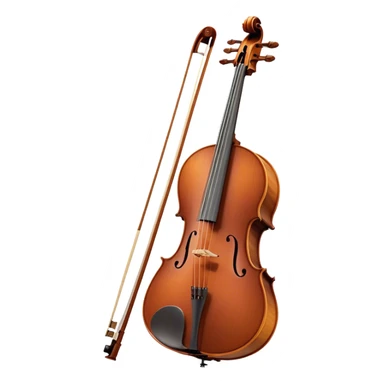 Create an elegant and refined emoji representing a Cremona 4/3F 4/4 cello with bow. The design should feature the distinctive, finely crafted body of the cello, highlighting its rich wooden finish and gracefully curved shape. The bow should be included, with visible horsehair and a polished wooden stick. Add subtle details like tuning pegs and strings to emphasize the precision and craftsmanship of the instrument. Use warm wood tones, deep brown, and soft metallic accents to reflect the high quality of the Cremona cello. The background should be transparent. sticker
