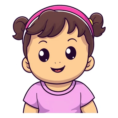 smiling toddler face with big eyes, medium skin tone, dark wavy hair, and a hair band sticker