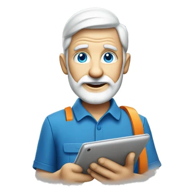 senior electrician with light beard and blue eyes having large tablet  sticker