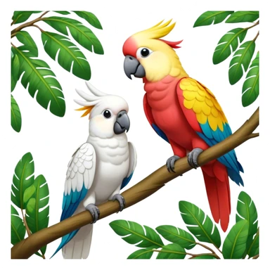 Close-up of colorful parrots Ara and Cockatoo Inca perched on tree branches, surrounded by lush greenery. Bright, vivid feathers contrast with the natural background of trees, leaves, fruits. Soft natural light, enhancing vibrant colors. Transparent background. sticker