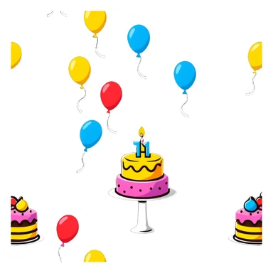 festive party celebration with balloons, confetti and cake sticker
