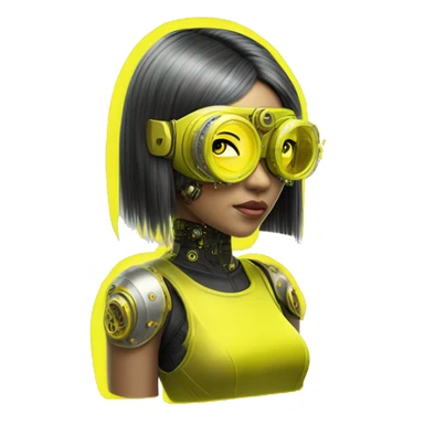 Neon yellow bobbed hair Asian female cyborg head with silver steampunk goggles and circuits sticker