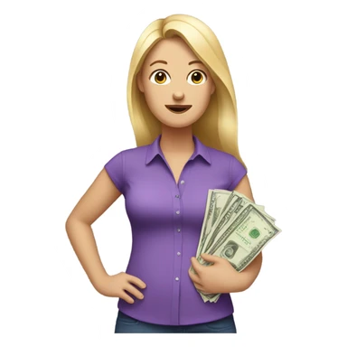 White Women in purple shirt rocking baby, but money instead of baby sticker