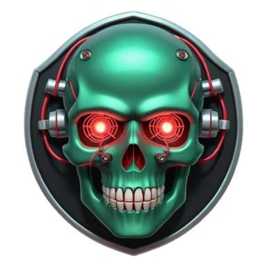 Cyberpunk shield, skull with cybernetic implants, glowing wires, dark green and red tones, no background sticker