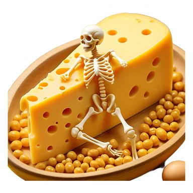Ethereal pieces of aged cheese, golden egg yolk, and natto floating around a translucent glowing skeleton. Fine rays of golden light flow from the foods to the bones, where small locks open upon contact, guiding calcium like precision keys that prevent accumulation in arteries. sticker