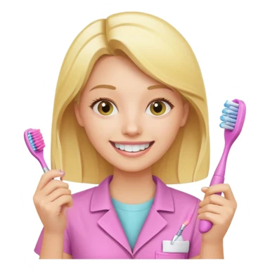 dentista mulher, loira, pele branca, camisa rosa, segurando uma escova de dentes amarela e sorrindo transmitindo verdade e confiança sticker