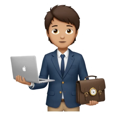 a tan boy with messy dark brown hair. Wearing a blazer and carrying a lapotop. watch on wrist sticker