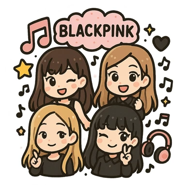 Blackpink K-pop girl group four members cartoon style pink and black theme fun playful music vibe group illustration sticker