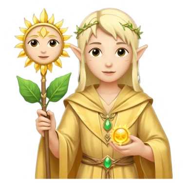 {
      "type": "human",
      "look": "light elf healer, golden robe, staff with leaf and sun motif",
      "description": "a light elf healer wearing a golden robe and holding a staff with leaf and sun symbols"
    } sticker