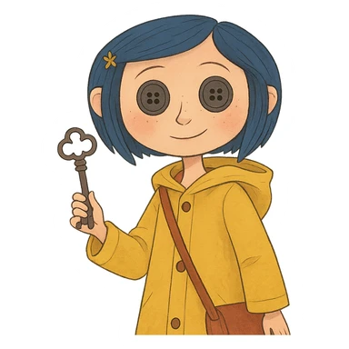 Coraline character with blue hair, yellow raincoat, button eyes, with a key in hand, whimsical style sticker