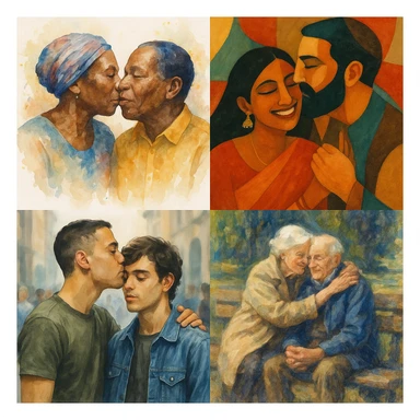 public display of affection, various interpretations, diverse people showing affection in different ways, artistic and varied visual styles sticker