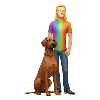 white male with long rainbow colored hair standing alongside a brown rhodesian ridgeback sticker