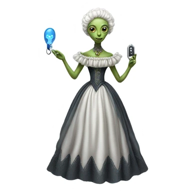 alien galora in Victorian dress elegant, full body, holding usb key sticker
