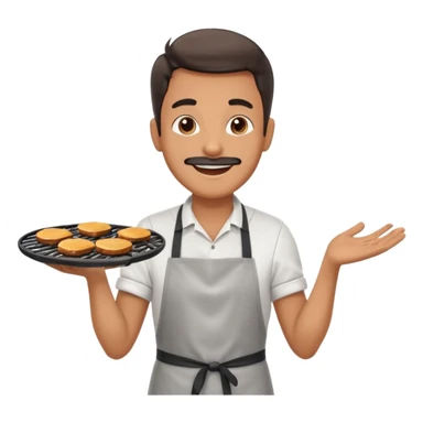 A cheerful man in an apron flipping burgers on a sizzling grill with smoke puffing upward. sticker