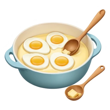 A carton of eggs, butter and a cream ceramic baking bowl with a wooden spoon in it sticker