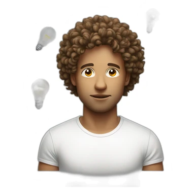 man curly hair with white tshirt thinking light bulb sticker