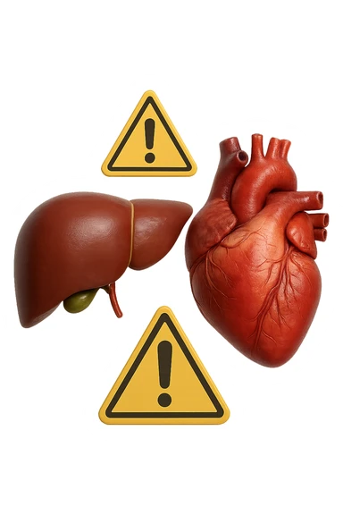 emoji stile iphone di fegato e cuore anatomici realistici in 3d che fluttuano in aria insieme a segnali di pericolo, FALLO MOLTO REALISTICO IN 3D sticker