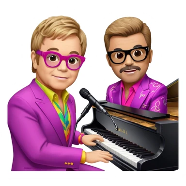 Pop music icon: Elton John at the piano in signature glasses and colorful outfit, George Michael holding a microphone in stylish attire. Stage lights and musical notes in the background. Transparent background. sticker