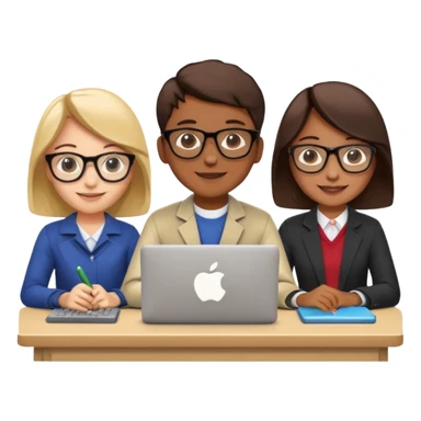 three students coding in a group at a table with computers, smiling, apple emoji style sticker