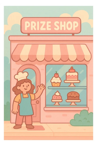 pastel pink bakery with a striped awning, cakes in the window, and a sign above that says 'Prize Shop', soft and dreamy pastel tones, friendly vibe sticker