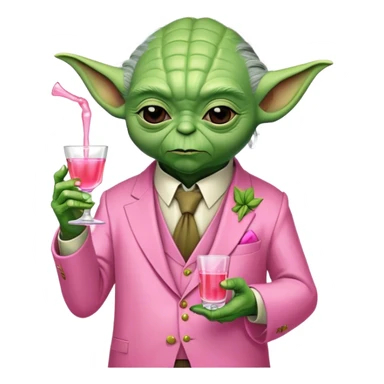 Master Yoda in pink suit, holding one small pink tequila shot sticker
