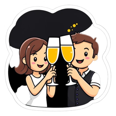 man and girl clinking sparkling wine glasses, cheerful, cartoon sticker style sticker