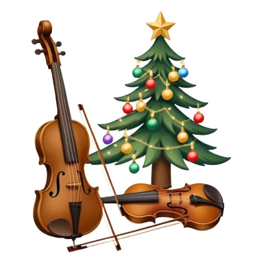 sapin de Noël décoré d'une guirlande lumineuse et de boules  avec un violon à la place du tronc et un petit singe perché au sommet en train de mettre l'étoile de Noël sticker