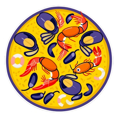 delicious seafood paella with prawns, mussels, and yellow rice in a traditional paella pan sticker