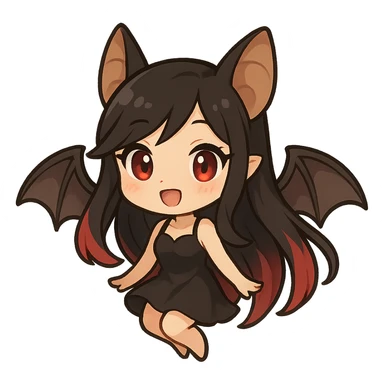 female bat character design with long black and red hair, expressive face, cute and stylish sticker