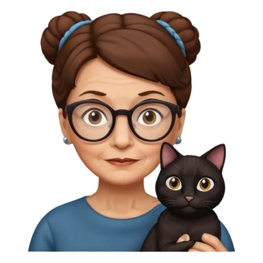 Old woman with brown hair one bun and glasses, white European
With black cat  sticker