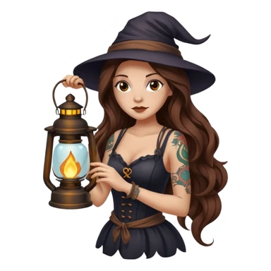tired night witch woman long wavy brown hair tattoos holding lantern sticker