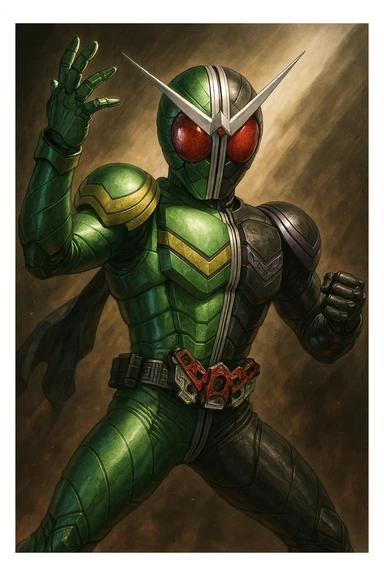 Kamen Rider W, half green and half black masked hero, dynamic pose, tokusatsu style sticker