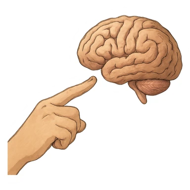 ghibli style a hand with detailed fingers pointing to a brain sticker