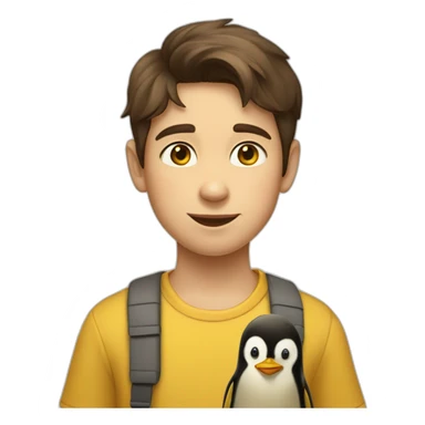 10 year old boy with brown hair wearing yellow ochre shirt with penguin on it sticker