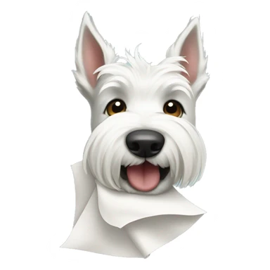 White Scottish terrier face holding tissue in its mouth sticker