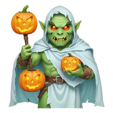 male orc warrior ghost emoji, green skin, tusks, wearing torn white ghost sheet costume, holding glowing jack-o'-lantern, faint blue aura, friendly but spooky expression, Halloween fantasy theme, Apple emoji style, clean white background, square sticker