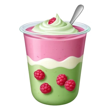 Fruits like yogurt, raspberries, probiotik, in 3d view, aesthetic! Show the green or pink colour sticker